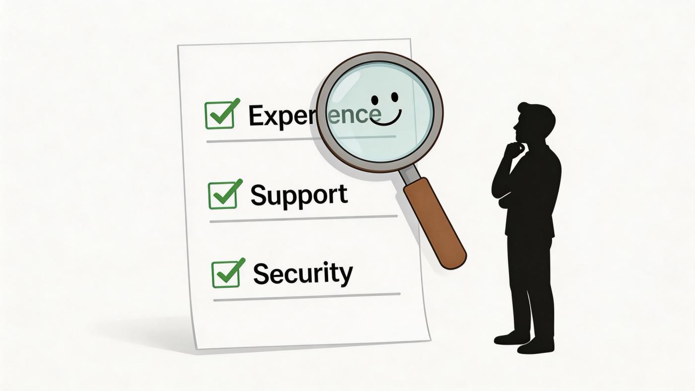 A person looking at a document with checked boxes for experience, support, and security through a magnifying glass.