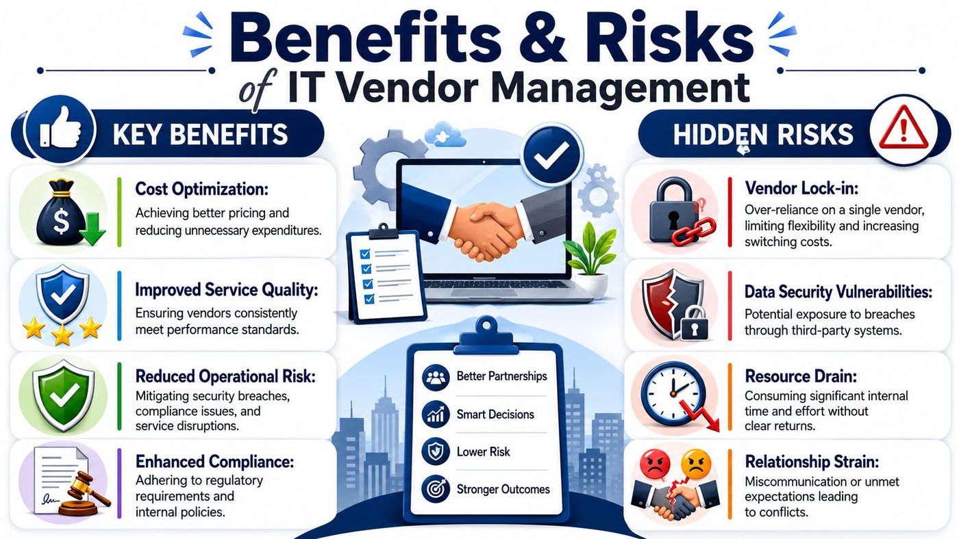 An infographic titled Benefits and Risks of IT Vendor Management, detailing four key benefits and four hidden risks.
