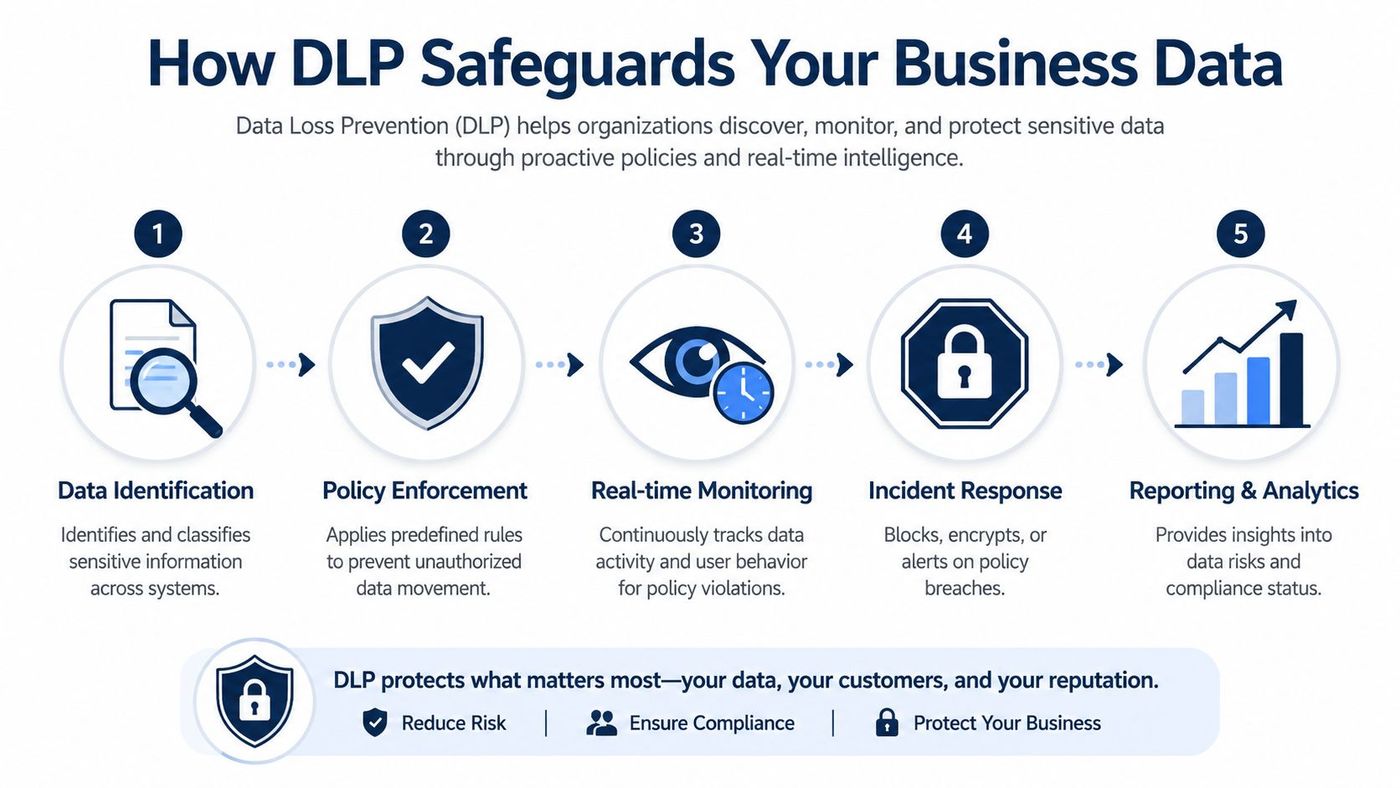 An infographic showing the five-step process of how data loss prevention software secures sensitive business information.