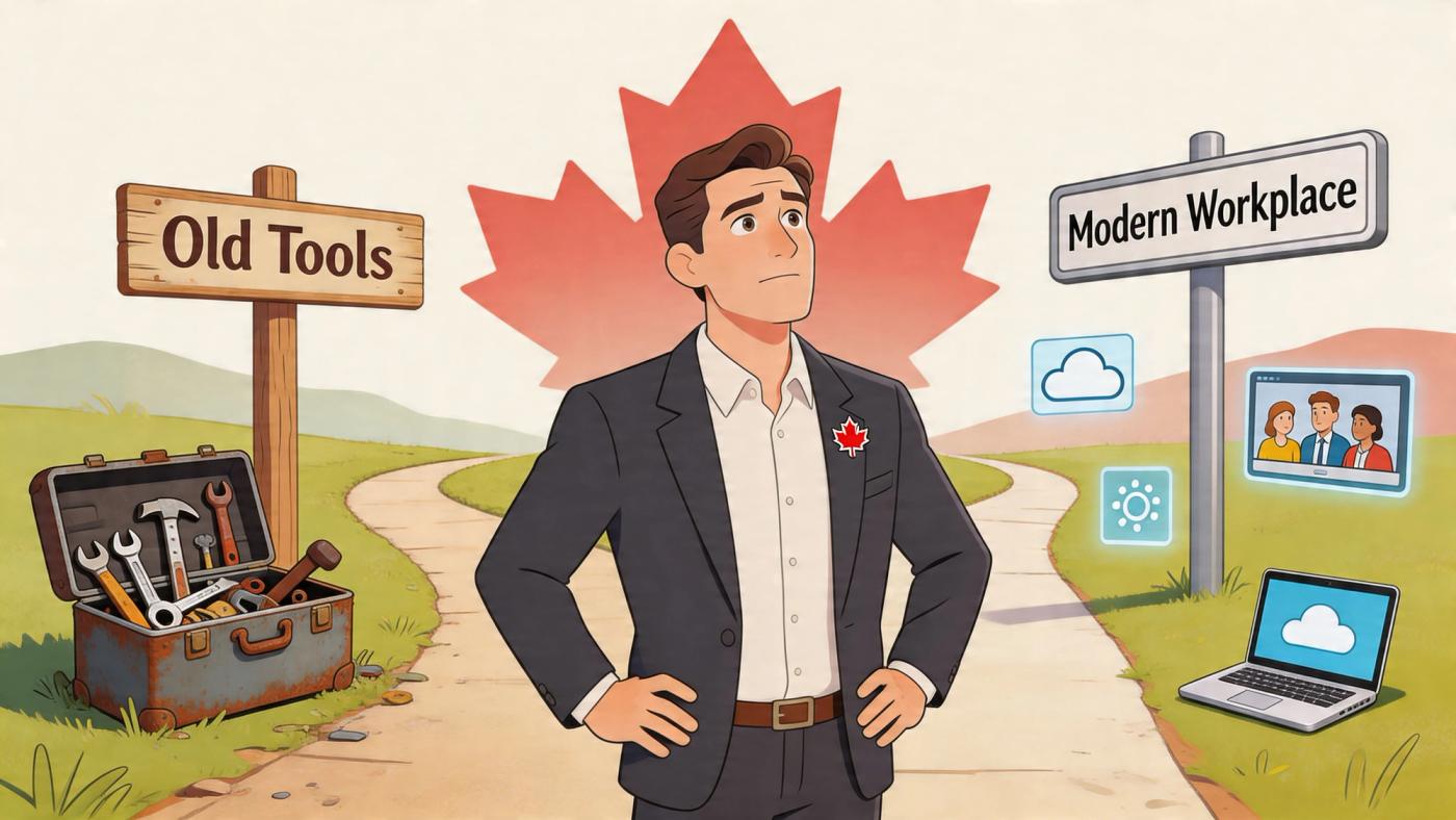 A professional man standing between signs for Old Tools and Modern Workplace, reflecting on business technology choices.