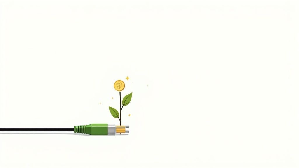 A green network cable powers a plant that grows a shining golden coin.