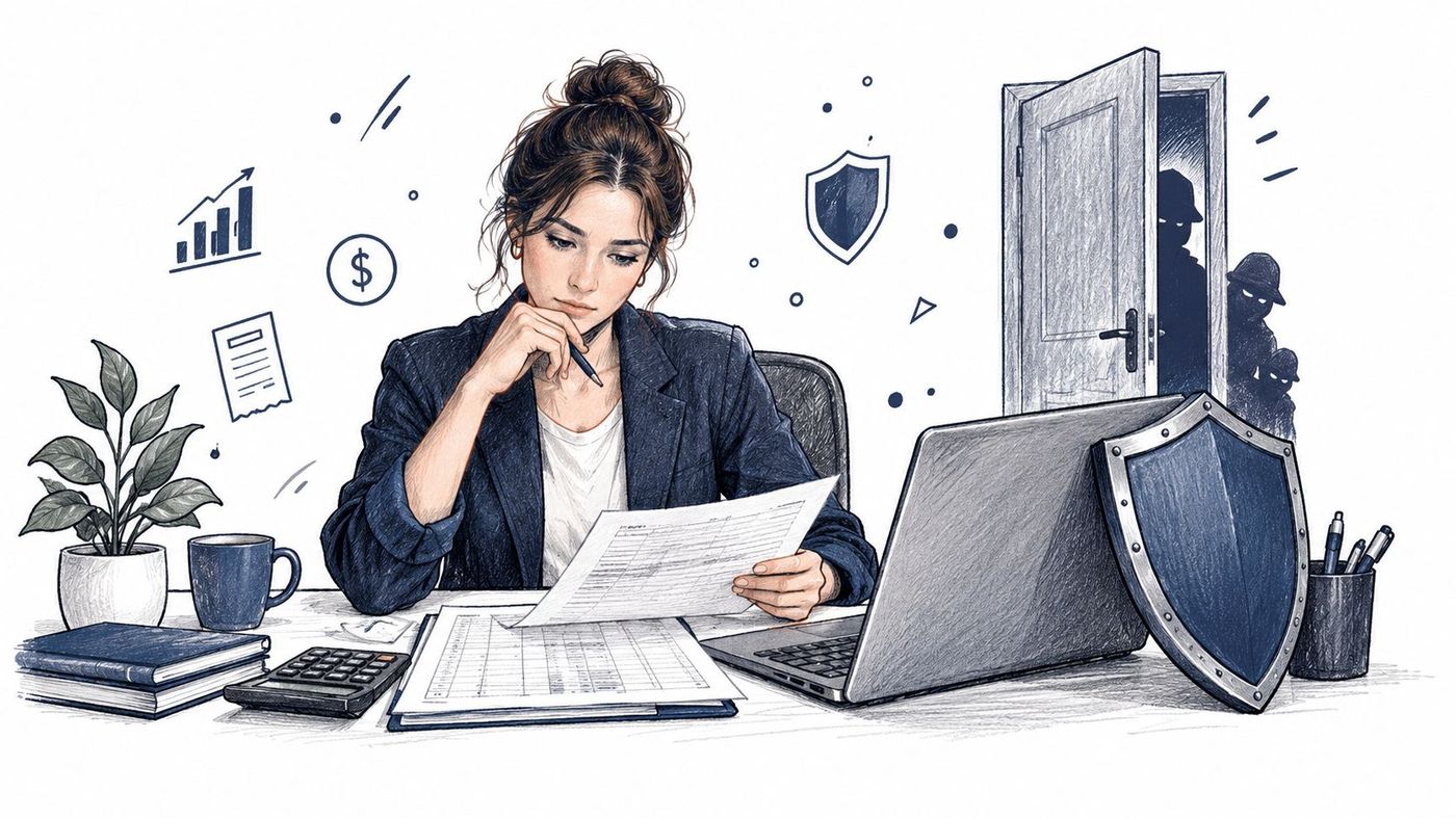 A professional woman working at a desk while shadowed figures lurk behind an open office door.