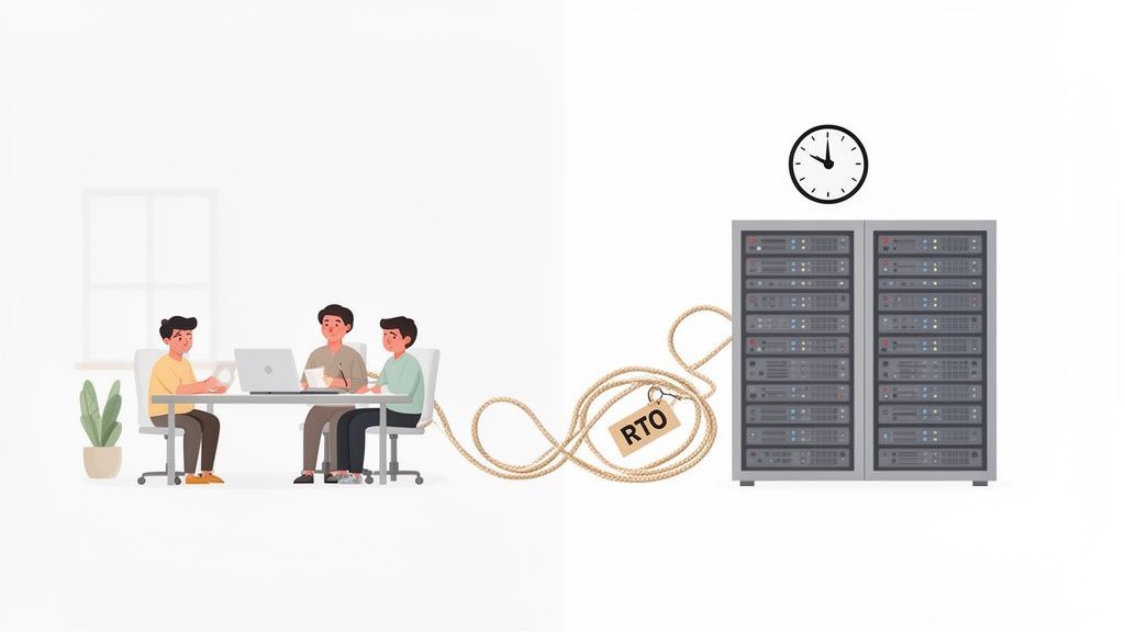 Cartoon image showing three people at a table connected by a rope to server racks with an RTO tag and a clock.