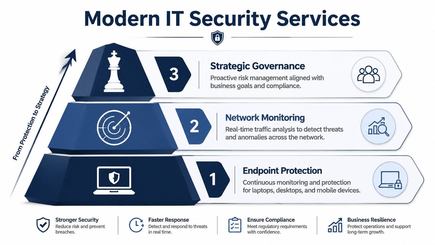 A hierarchical pyramid graphic illustrating modern IT security services, moving from endpoint protection to strategic governance and business resilience.