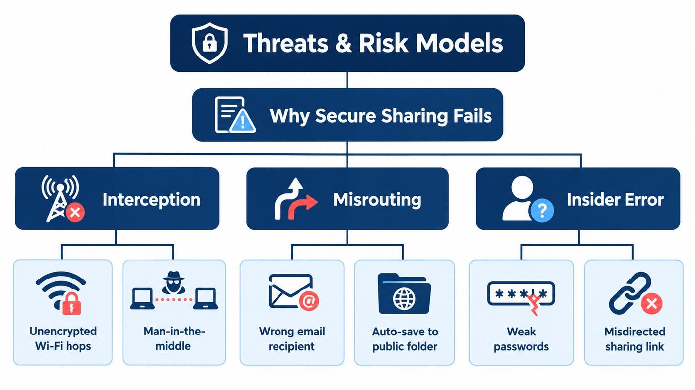 A flowchart diagram illustrating common threats and risk models that cause secure file sharing to fail.