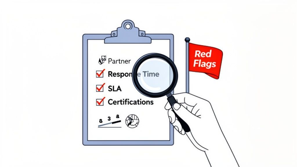 A hand examines a checklist on a clipboard for 'Red Flags' like response time, SLA, and certifications.