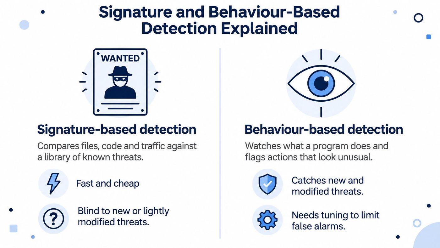 An infographic comparing signature-based and behavior-based cybersecurity detection methods with simple icons and descriptive text.