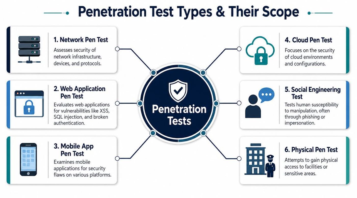 A diagram illustrating six types of penetration tests including network, web application, mobile app, cloud, social engineering, and physical.