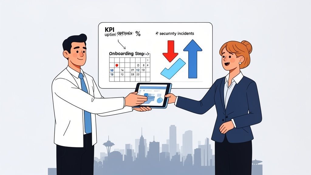 Two business people sharing a tablet, with a large screen displaying KPIs and progress metrics behind them.