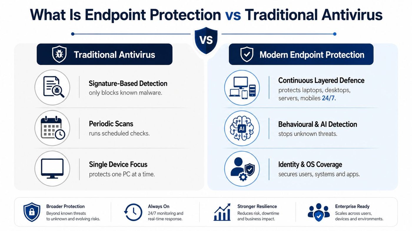 A comparative infographic illustrating the key differences between traditional antivirus software and modern endpoint protection security solutions.