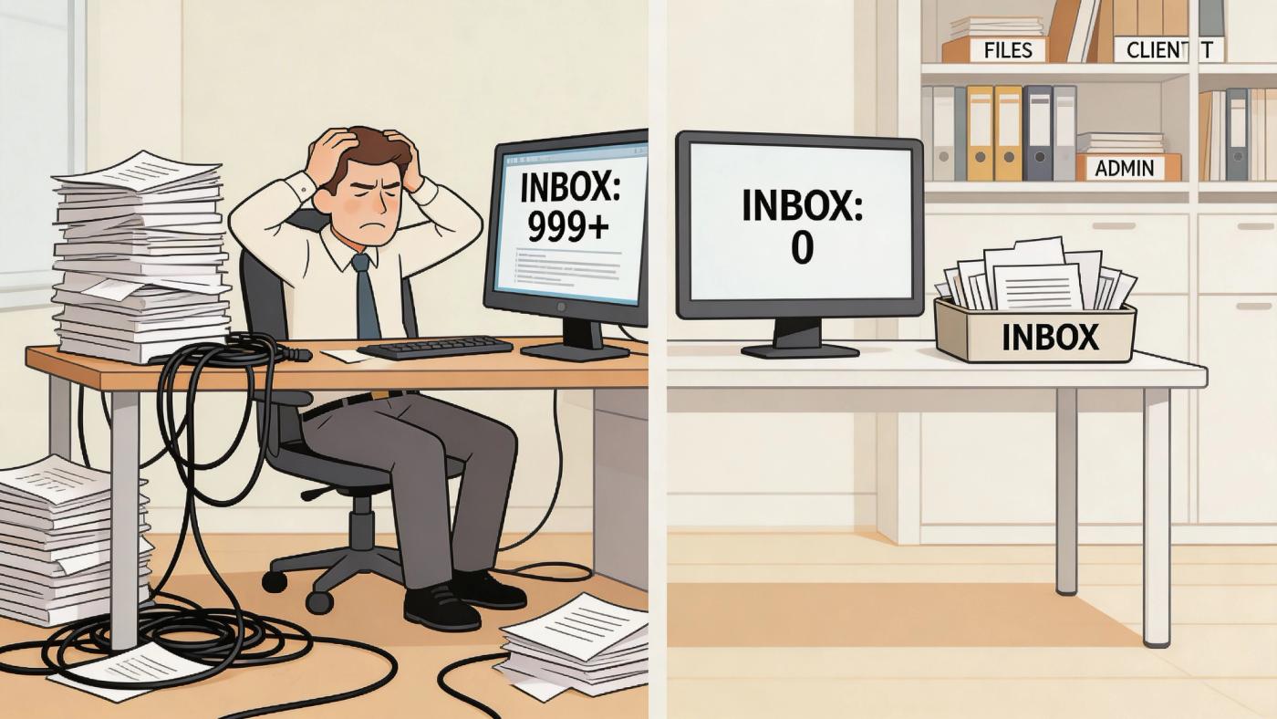 A split image comparing a disorganized, stressed office worker and a clean, organized, stress-free office desk.
