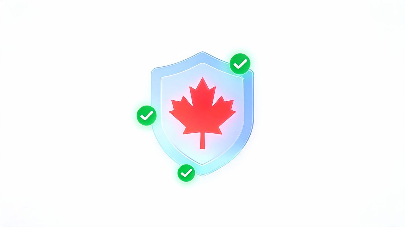 A 3D shield icon with a red Canadian maple leaf inside, surrounded by three green checkmark icons.