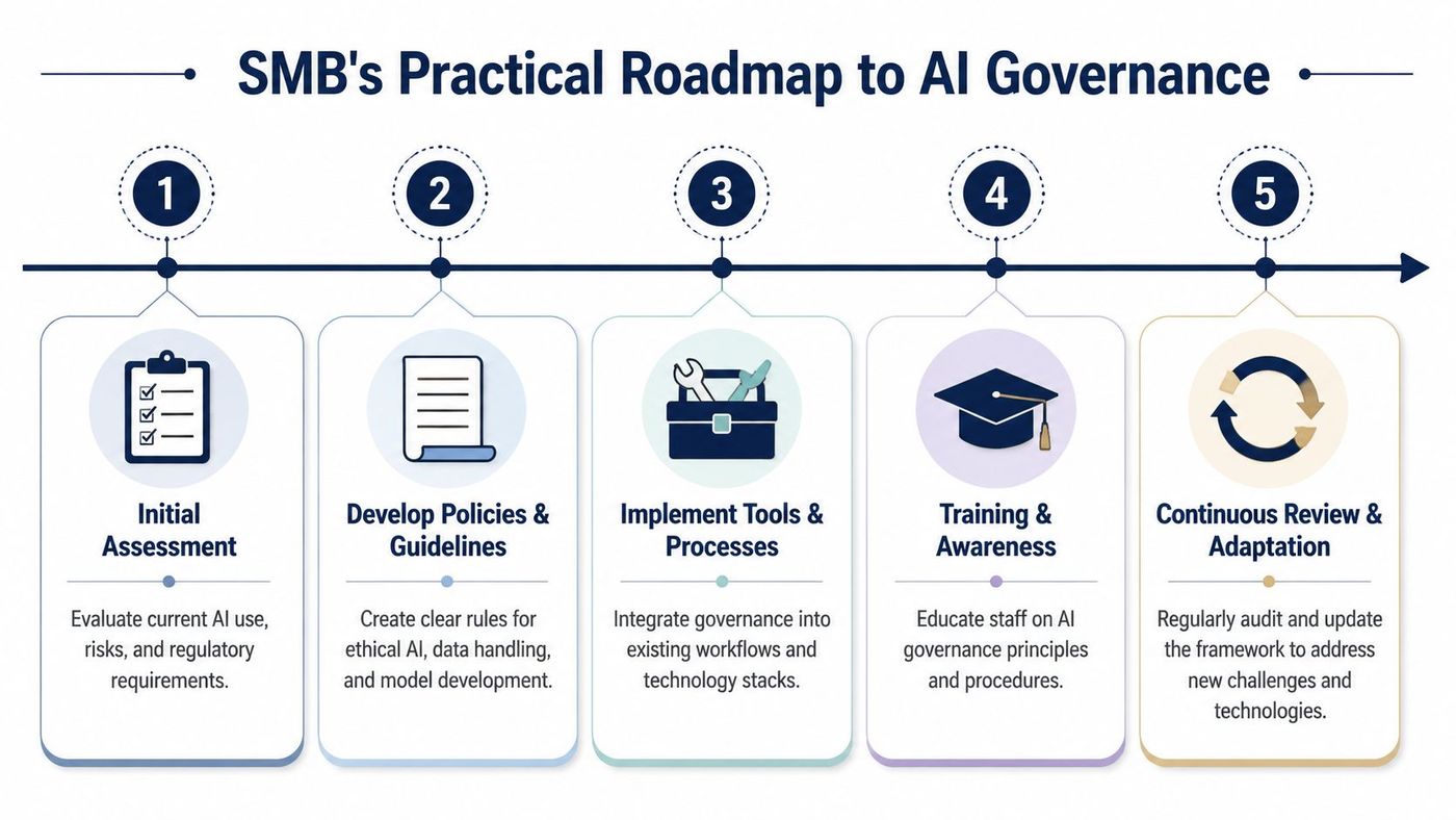 A five-step roadmap infographic for small and medium businesses to implement practical AI governance strategies.