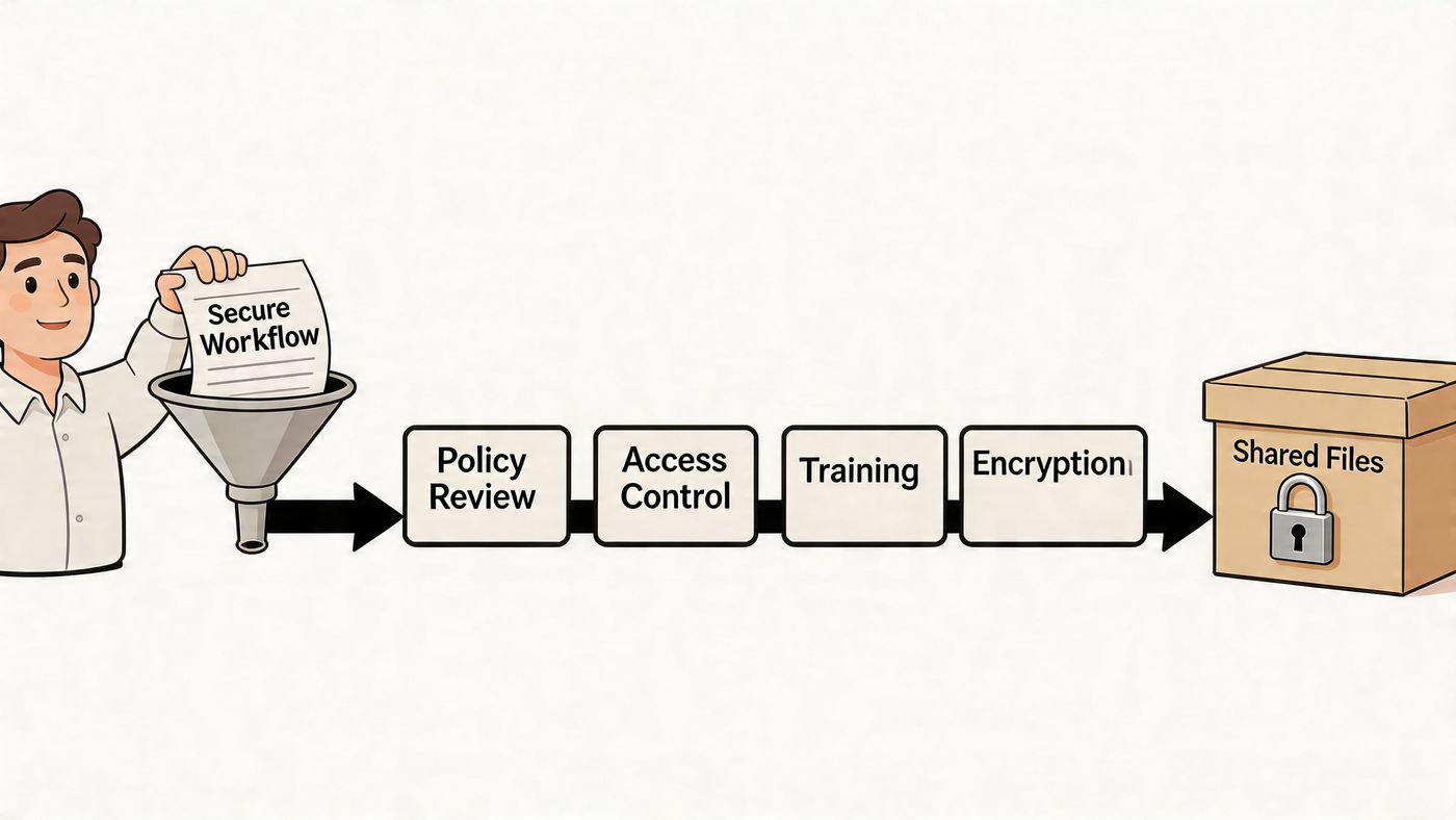 A person guiding a secure workflow document through a process ending in a locked shared files box.