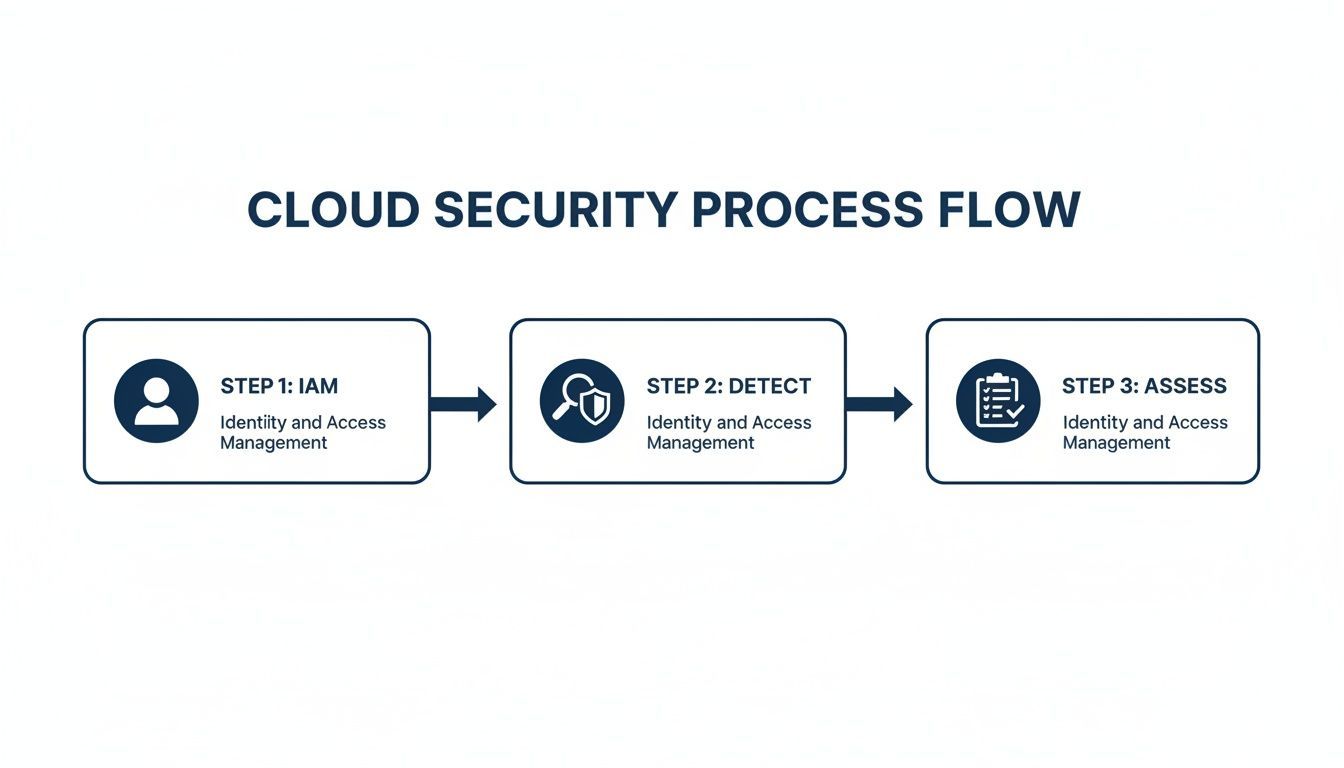 A cloud security process flow diagram with three steps: IAM, detect, and assess for identity and access management.