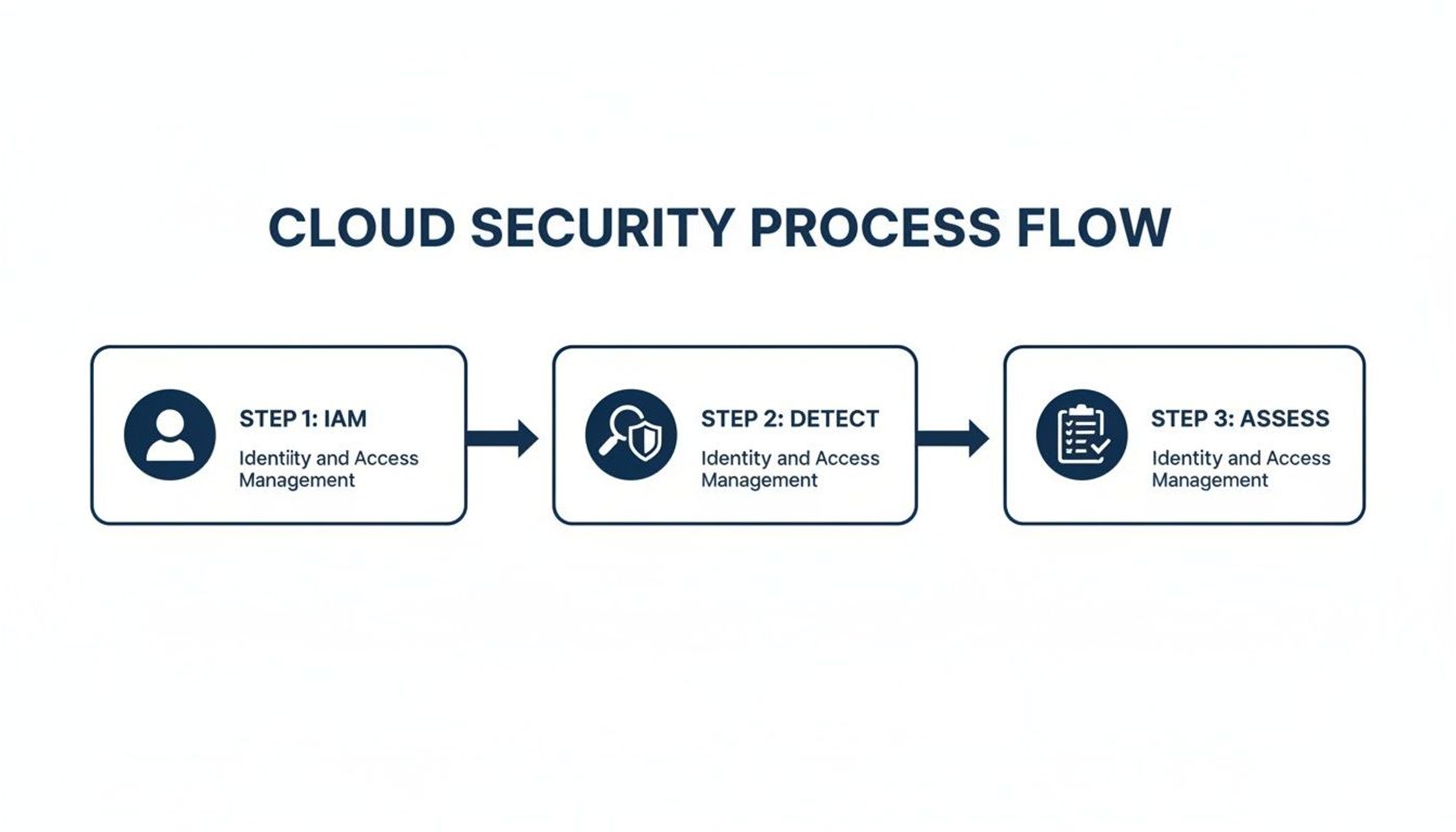 A cloud security process flow diagram with three steps: IAM, detect, and assess for identity and access management.