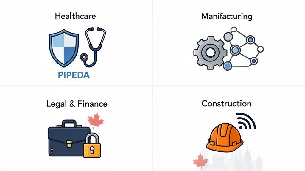 Icons depict Healthcare, Manufacturing, Legal & Finance, and Construction industries, including PIPEDA and Canadian themes.