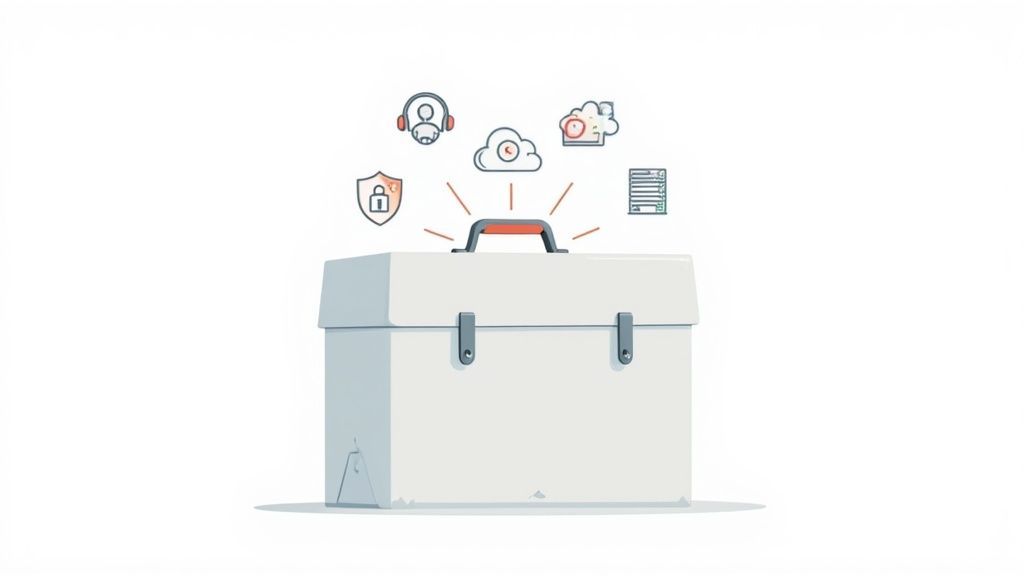 A white toolbox with floating icons representing IT support services like security, cloud, and helpdesk.