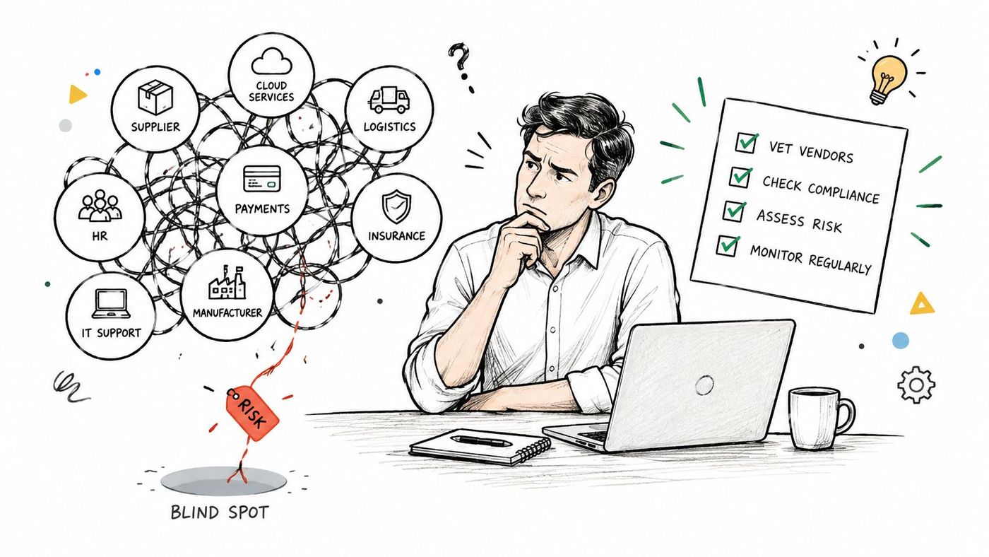 A professional analyzing a complex network of business vendors and risks with a checklist for management.