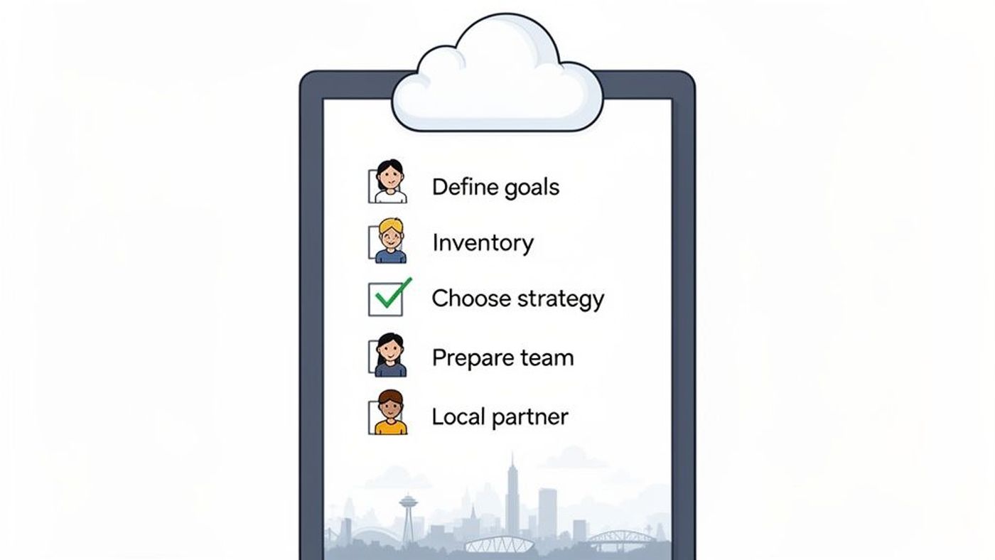 A cloud-themed checklist showing business steps: define goals, inventory, choose strategy (checked), prepare team, local partner.