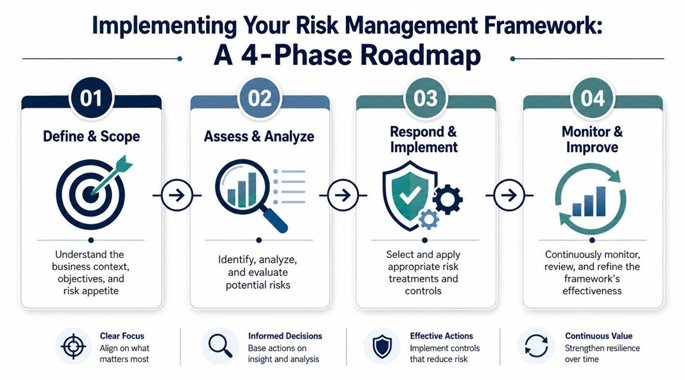 A four-phase roadmap chart illustrating the steps to implement a corporate risk management framework effectively.