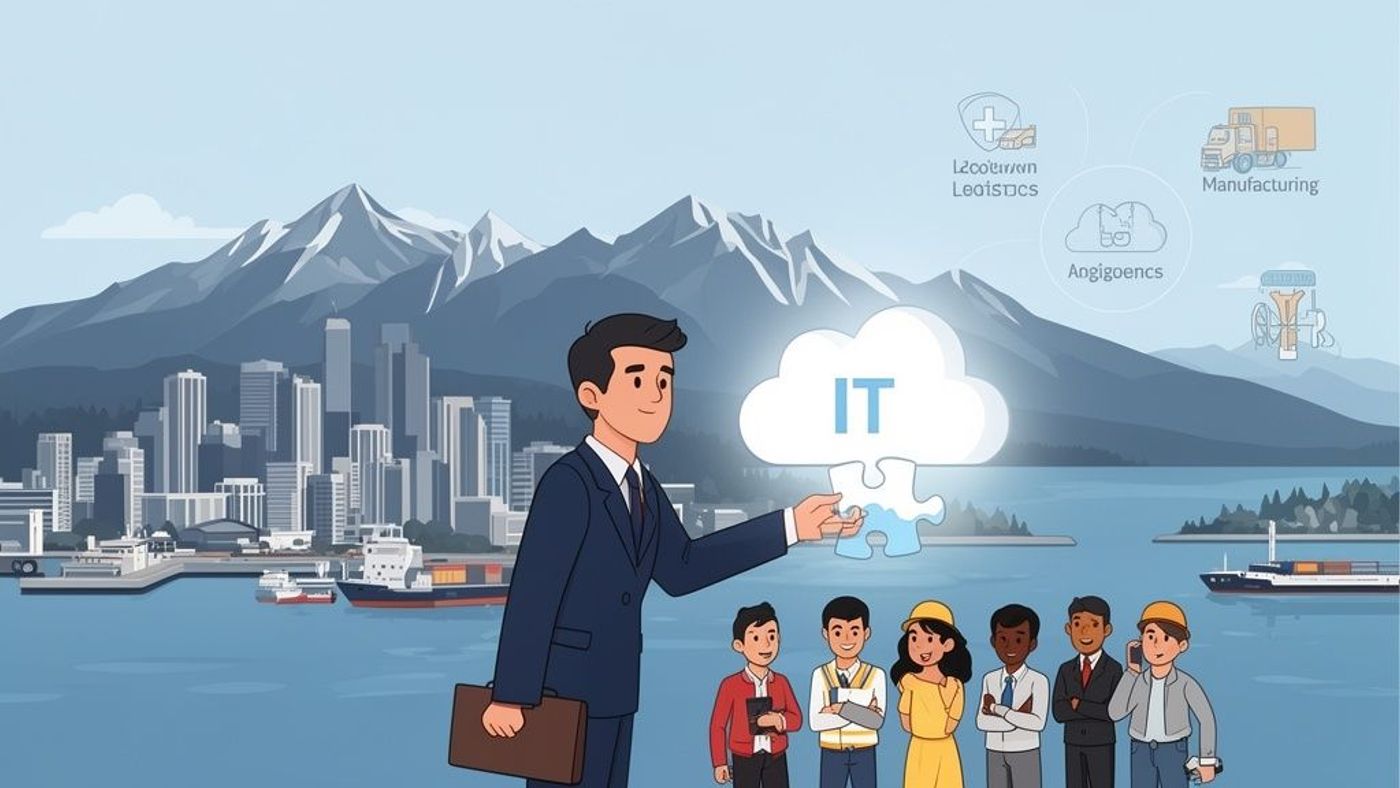 A businessman presents an IT cloud puzzle piece to a diverse team, symbolizing digital solutions for industries in Vancouver.