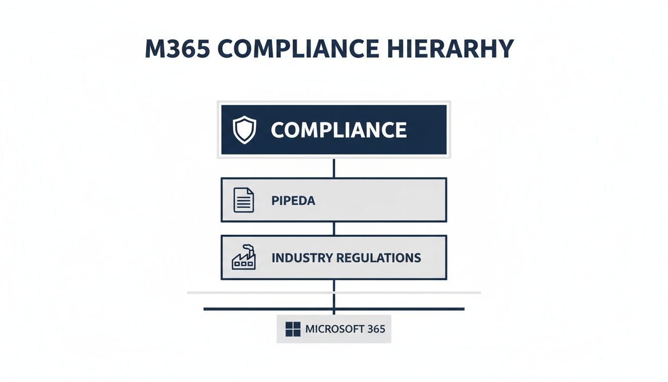 A M365 compliance hierarchy diagram showing Compliance, PIPEDA, Industry Regulations, and Microsoft 365.