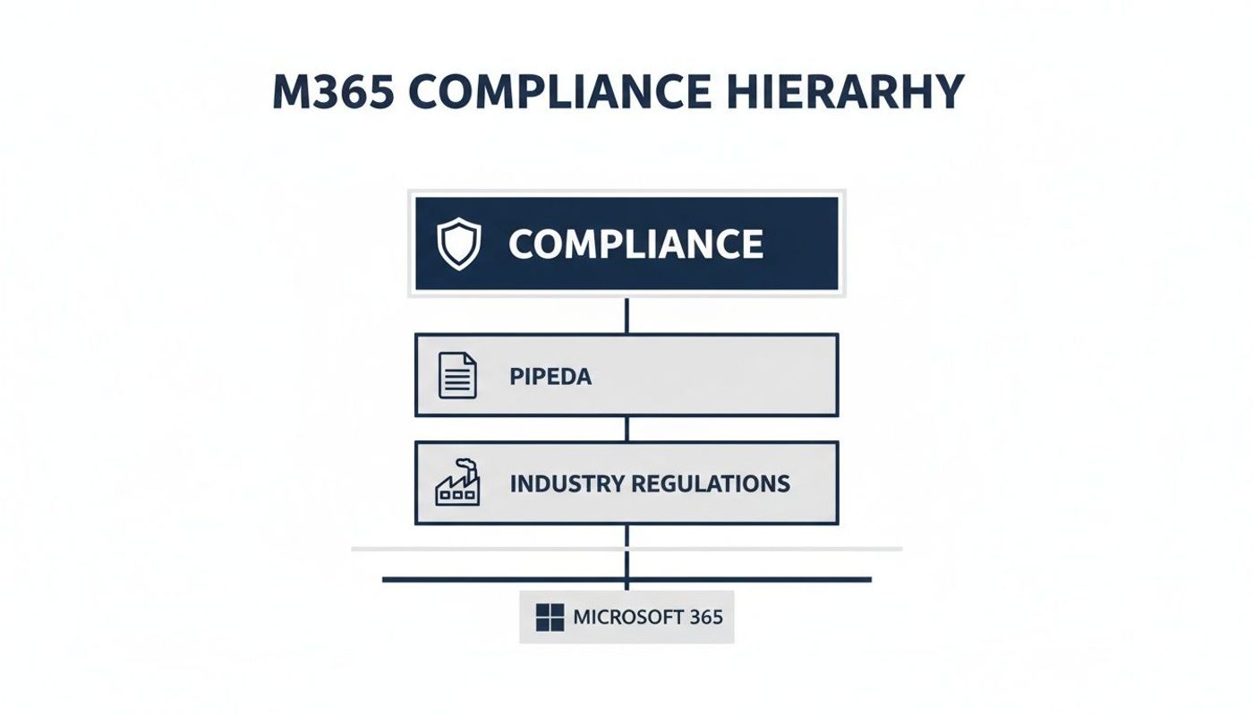 A M365 compliance hierarchy diagram showing Compliance, PIPEDA, Industry Regulations, and Microsoft 365.