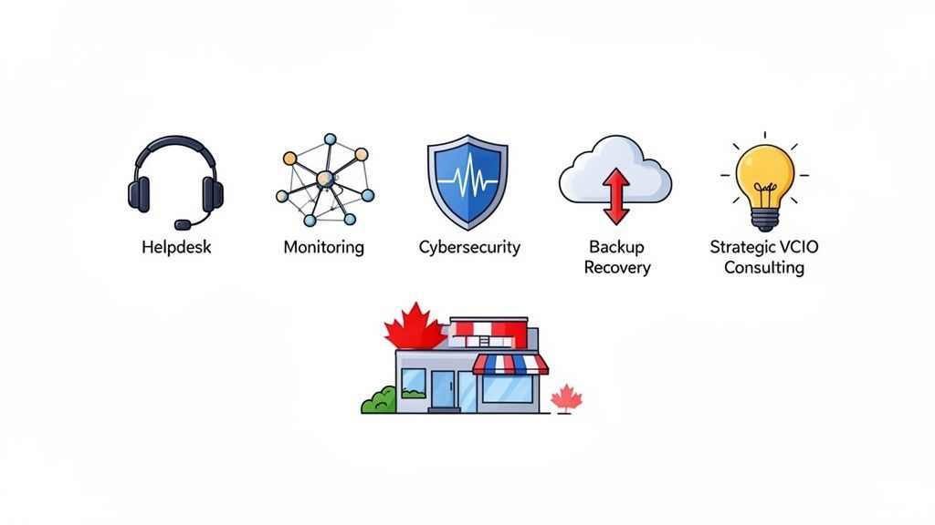 Icons representing managed IT services: helpdesk, monitoring, cybersecurity, backup recovery, and strategic VCIO consulting for businesses.