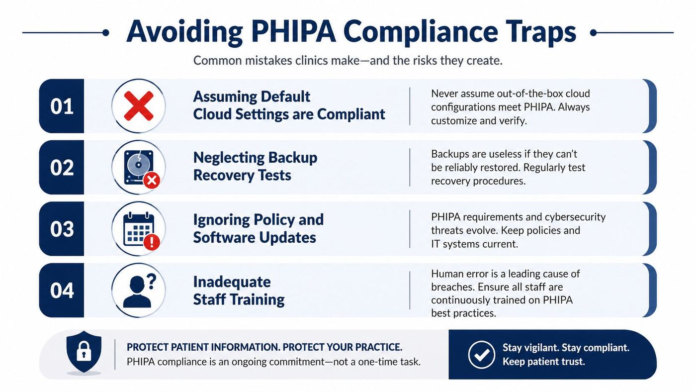An infographic detailing four common mistakes clinics make regarding PHIPA compliance and how to avoid them.