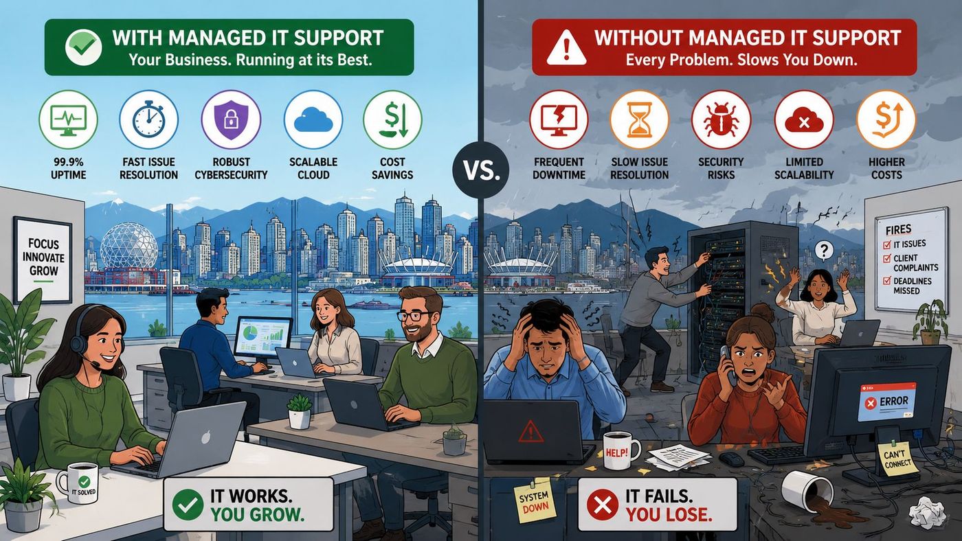 A comparative illustration showing the benefits of managed IT support versus the challenges of unmanaged business systems.