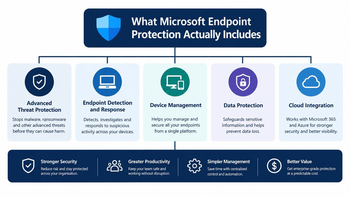 A diagram illustrating the key features and benefits of Microsoft Endpoint Protection for organizational security management.