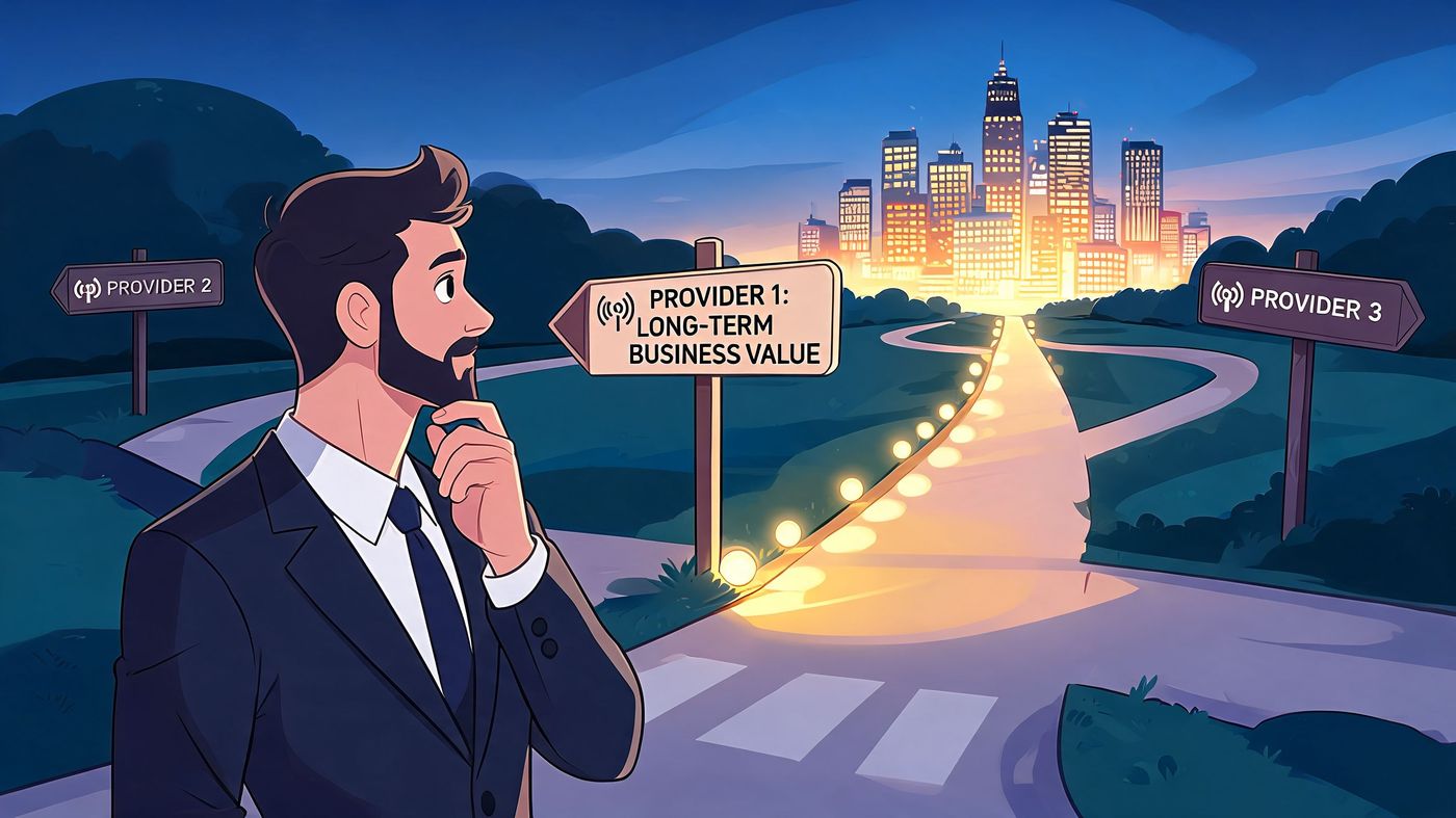 A businessman in a suit choosing between three different paths representing various business service providers.