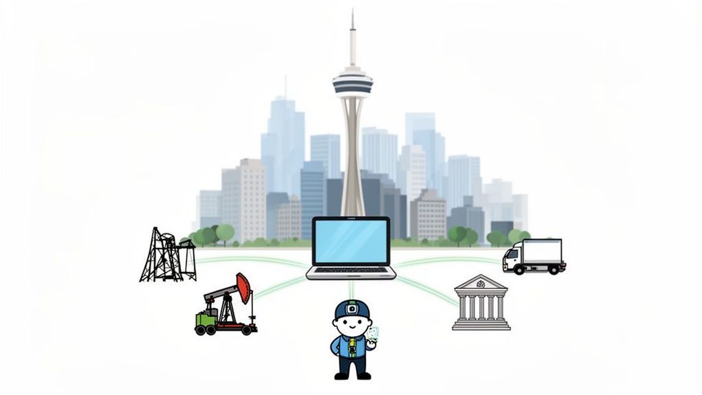 Cartoon illustration of a laptop connecting Calgary's oil, finance, and logistics industries.