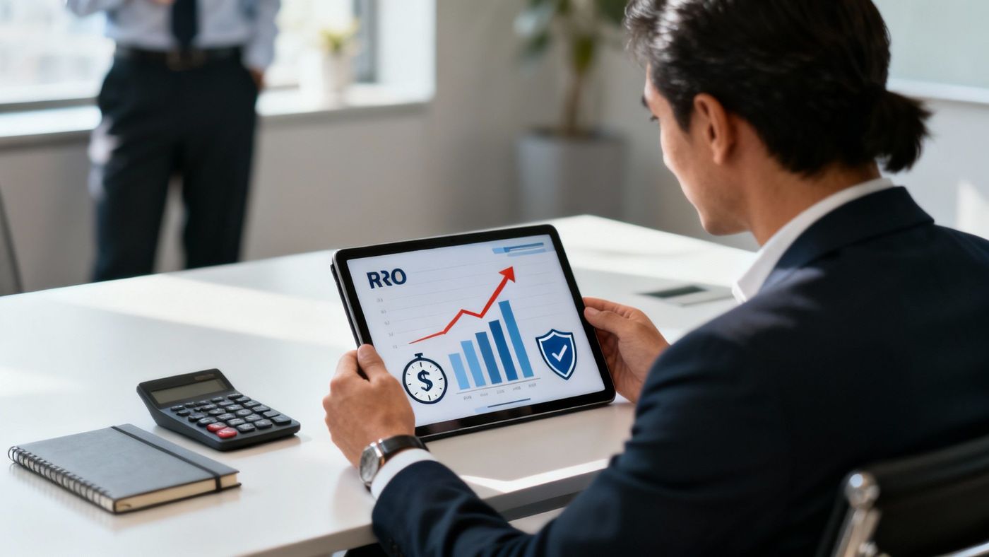 A person pointing at a screen showing business analytics charts and graphs.
