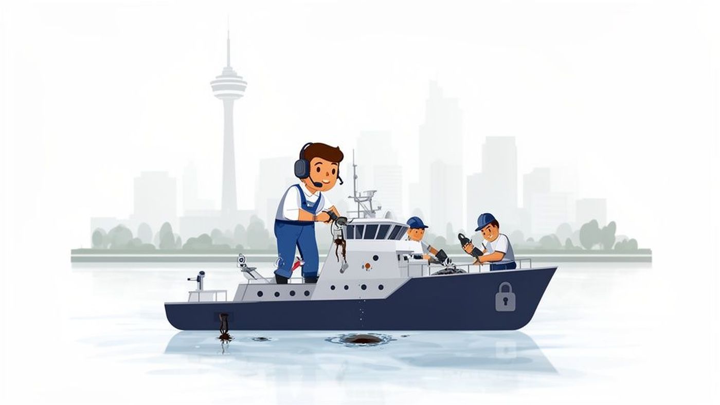 Three cartoon men maintain a boat with a padlock symbol, pulling debris from polluted water near a city skyline.