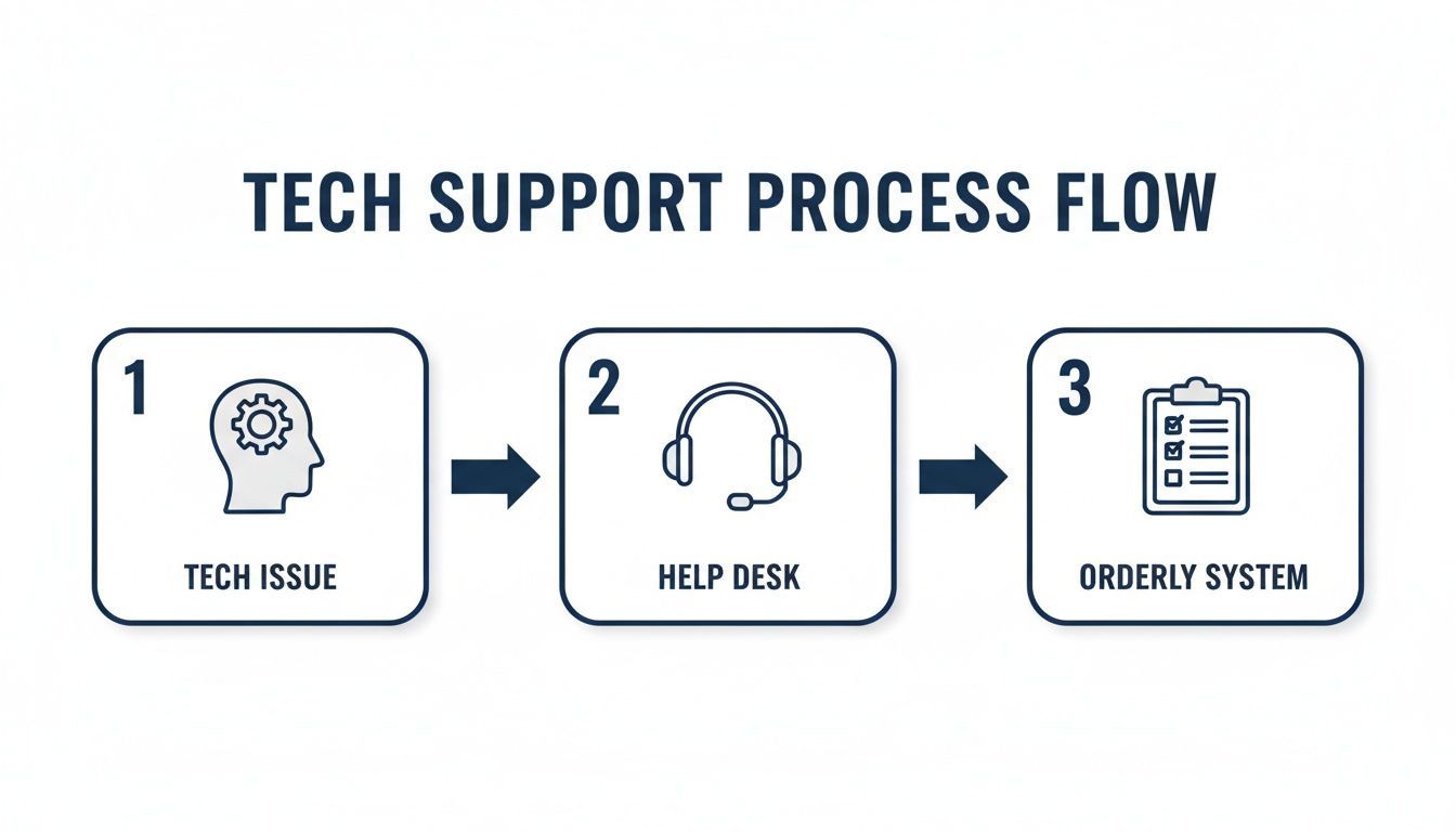 A three-step tech support process flow showing tech issue, help desk, and an orderly system.