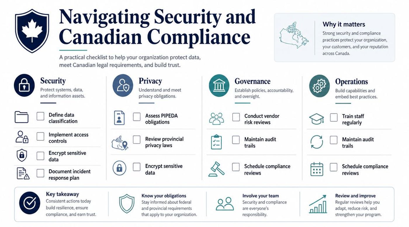 A comprehensive checklist infographic detailing security, privacy, governance, and operational compliance standards for businesses in Canada.