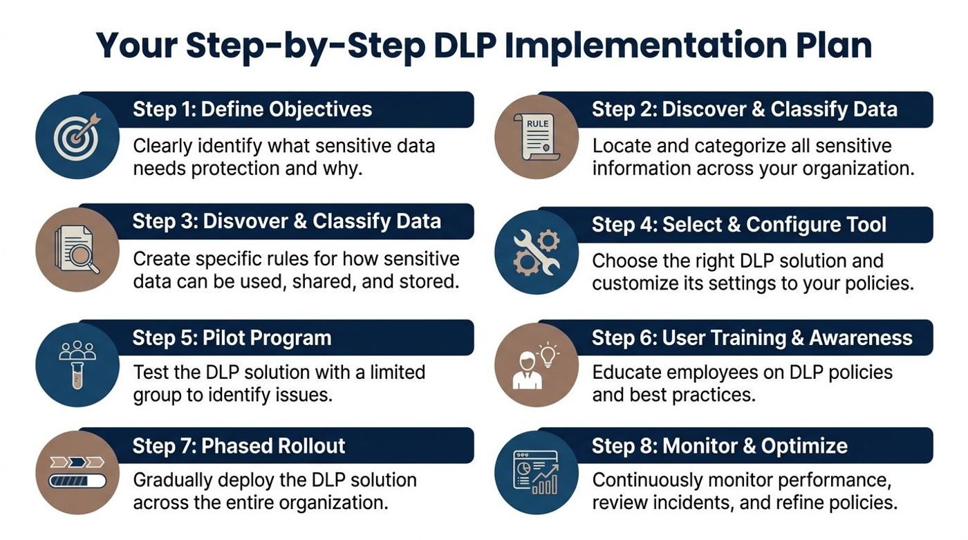 An infographic showing an eight-step guide for implementing data loss prevention strategies within an organization.