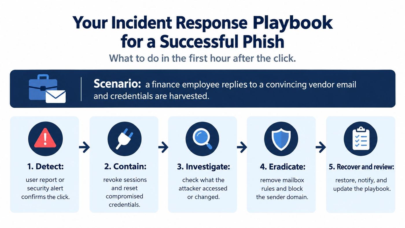 An infographic titled Incident Response Playbook for a Successful Phish outlining five steps to handle credential theft.
