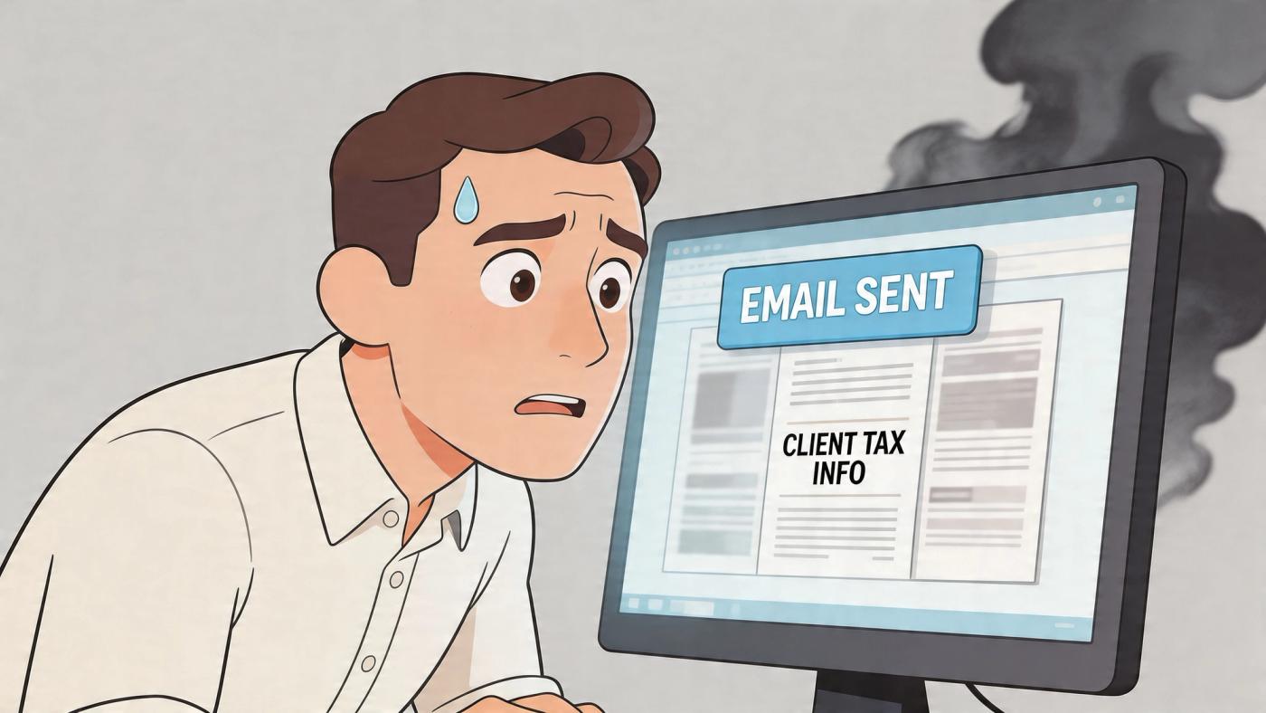 A panicked accountant stares at a computer screen showing a sent email with client tax information.
