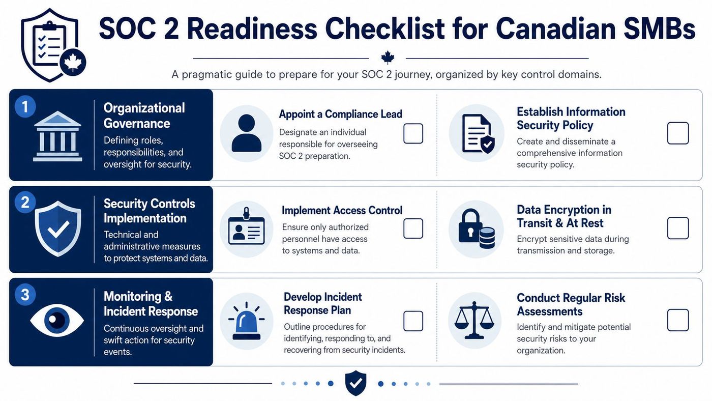 A checklist infographic outlining key steps for Canadian small businesses to prepare for SOC 2 compliance.