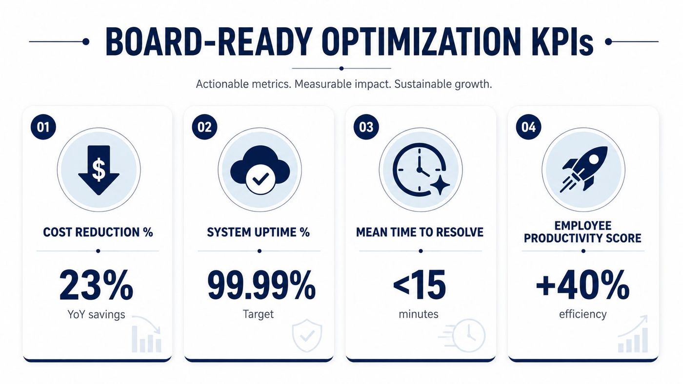 A business infographic displaying four key performance indicators for IT infrastructure optimization, including cost reduction, system uptime, and productivity.