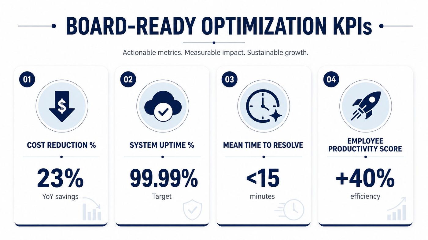 A business infographic displaying four key performance indicators for IT infrastructure optimization, including cost reduction, system uptime, and productivity.
