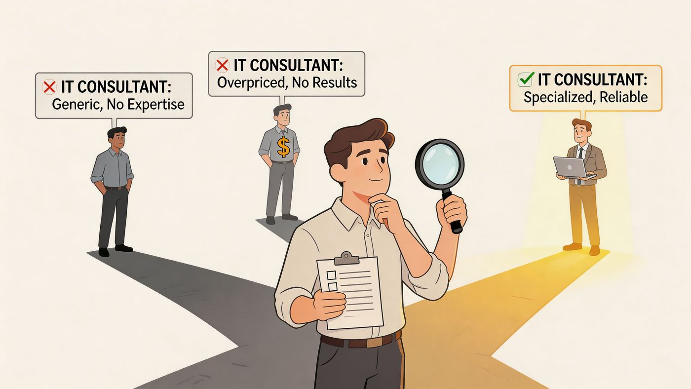 A professional choosing between an unreliable IT consultant and a specialized, reliable IT consultant expert.