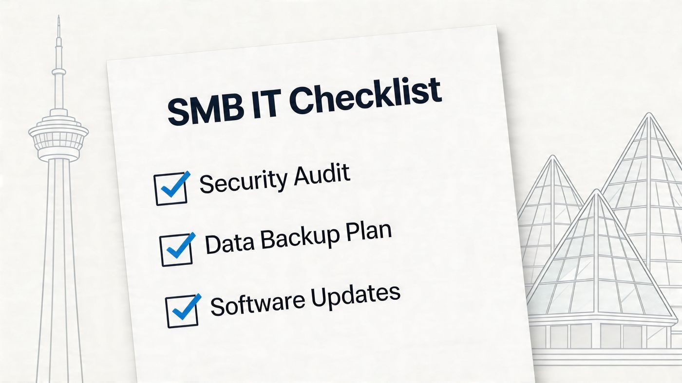 A document titled SMB IT Checklist featuring three completed checkmarks for security, backups, and software updates.