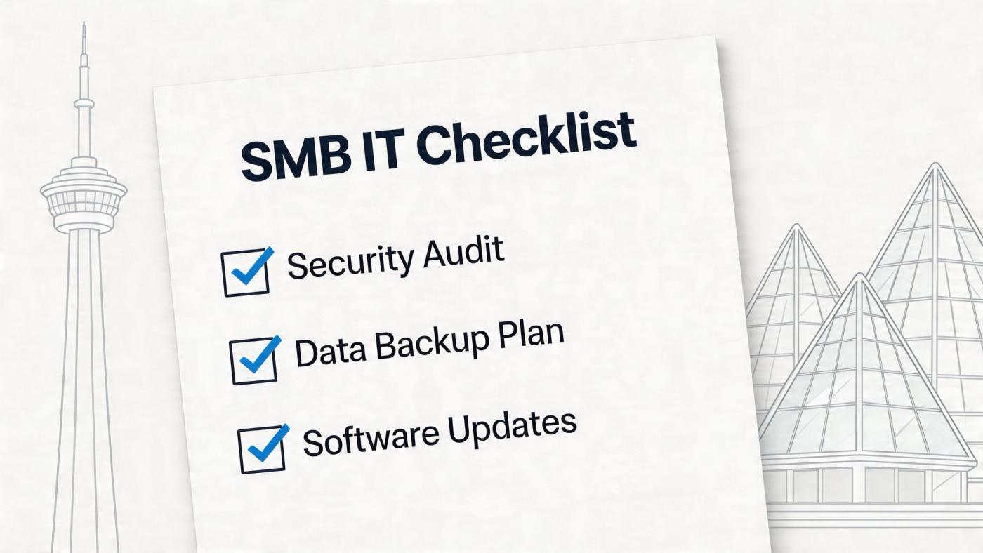 A document titled SMB IT Checklist featuring three completed checkmarks for security, backups, and software updates.