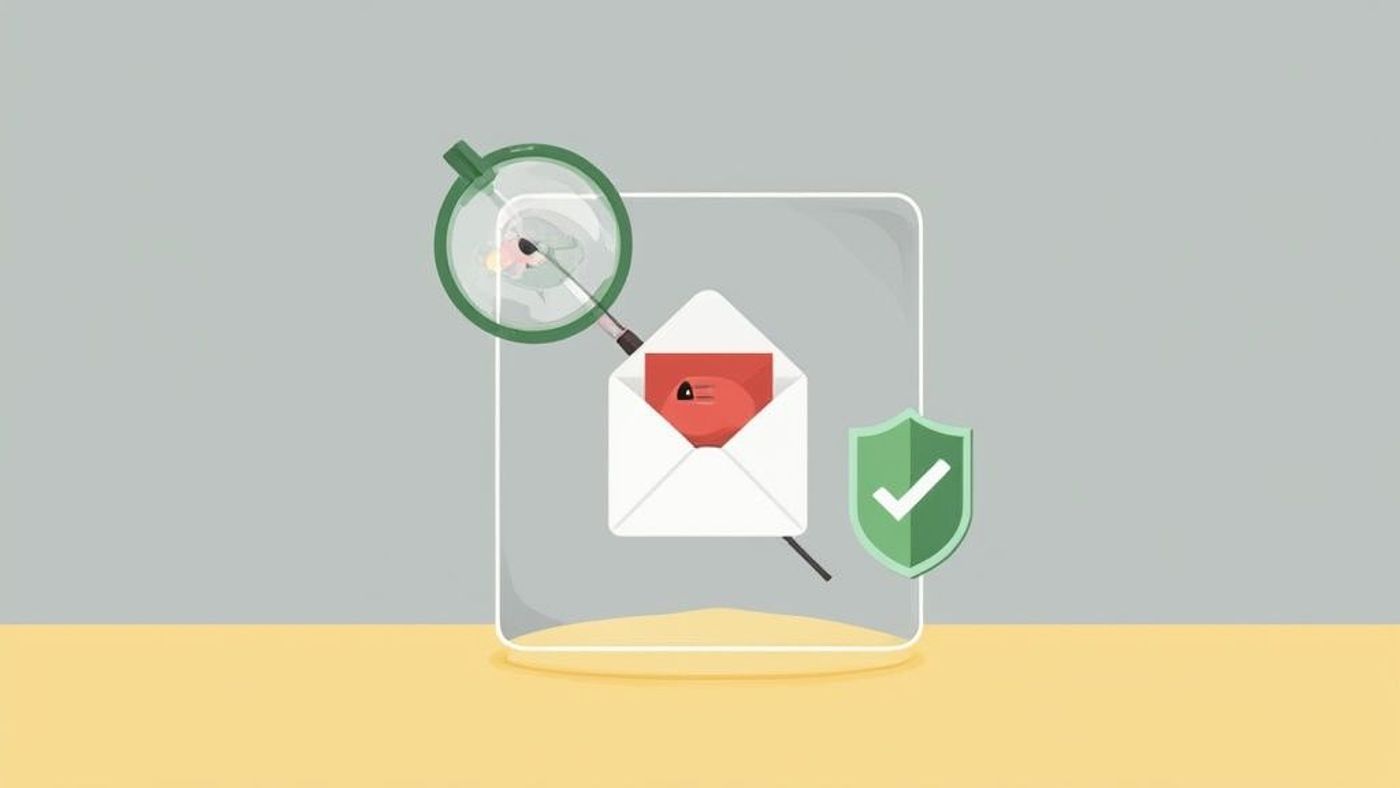 A magnifying glass inspects an email with a lock, next to a security shield, symbolizing email security and protection.