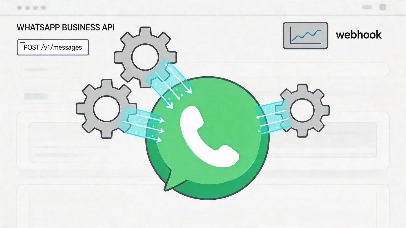 Conceptual diagram illustrating the WhatsApp Business API integration with messaging endpoints and automated webhooks for communication.
