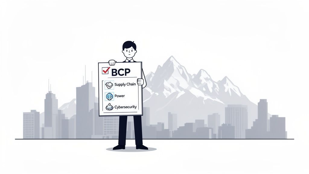Cartoon man holding a checklist for Business Continuity Plan (BCP), covering supply chain, power, and cybersecurity.